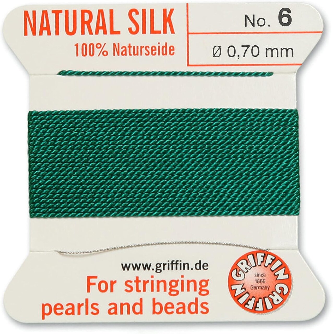 Griffin Silk Bead Cord Perlseide – Size 6 (0.70mm) – 2 Meters per Card – Stainless Steel Needle Attached – for Knotting Pearls, Gemstones, Crystals and Beads